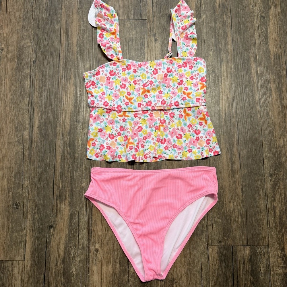 Girls' Pink Red Floral Tankini Set Two-Piece Swimwear Ruffle Straps Stretch 14